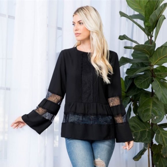 Black Long bell Sleeved Lace detailed Blouse - Picture 2 of 7